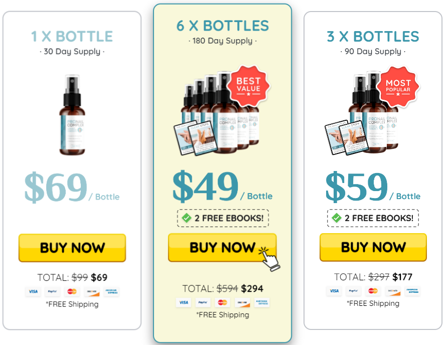 ProNail Complex pricing options — 1 bottle, 3 bottles, and 6 bottles bundles